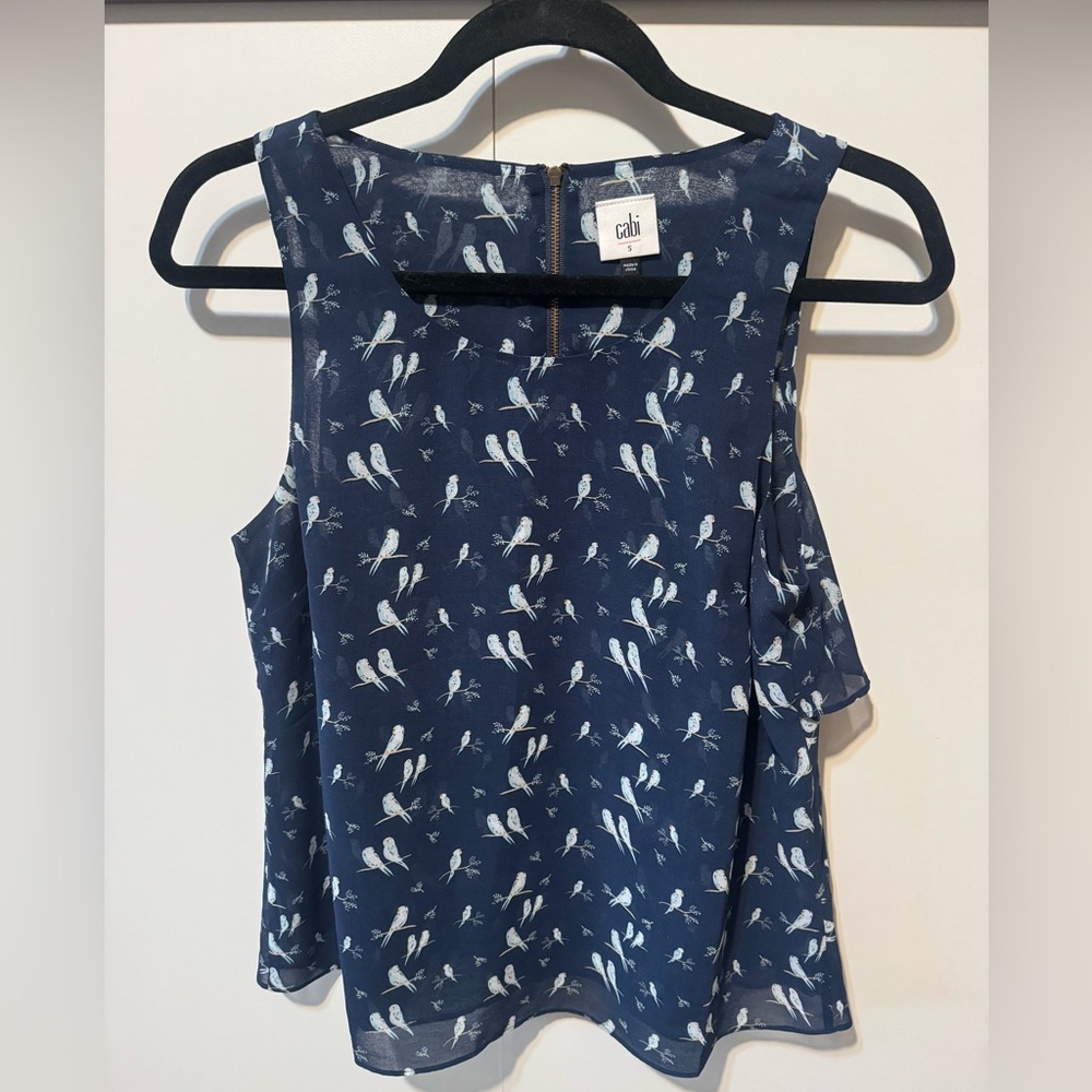 CAbi Navy Blue Chirp Top Parakeet Bird Print Layered Back Zip Tank Women's Small